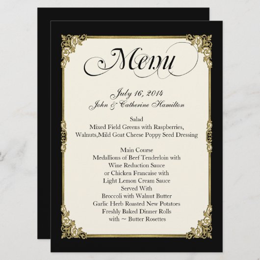 Elegant Black, Ivory en Gold Custom Wedding Menu (Voorkant / Achterkant)