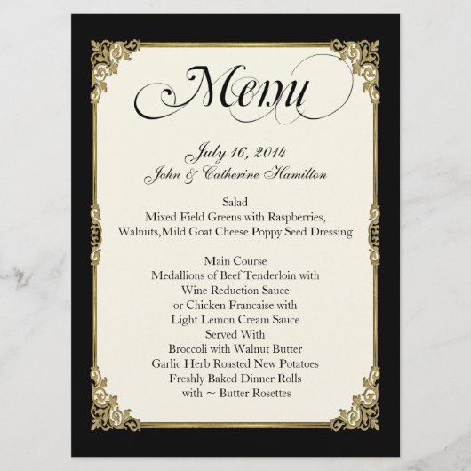 Elegant Black, Ivory en Gold Custom Wedding Menu (Voorkant)