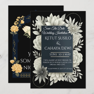 Elegant Black & Ivory Floral Wedding Invitation  Kaart