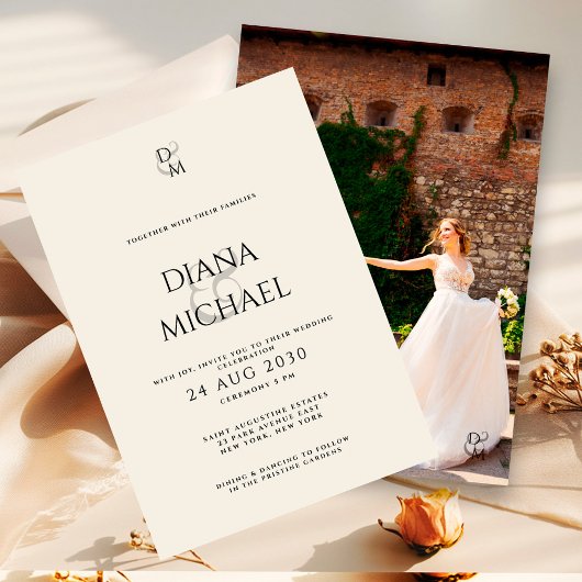 Elegant Black & Ivory Monogram Wedding Photo Kaart