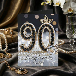 Elegant Black Jewels Pearls And Gold 90th Birthday Kaart