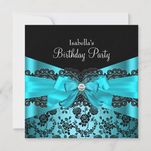 Elegant Black Lace & Bow Blauwgroen Birthday Uitno Kaart (Voorkant)