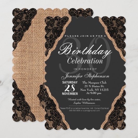 Elegant Black Lace over Burlap Jute Kaart (Voorkant / Achterkant)