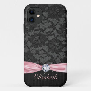Elegant Black Lace Pink Satin Ribbon en Diamond iPhone 11 Hoesje