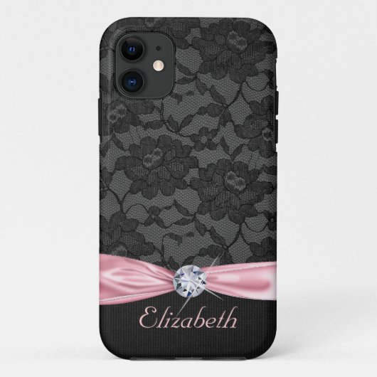 Elegant Black Lace Pink Satin Ribbon en Diamond Case-Mate iPhone Case (Achterkant)