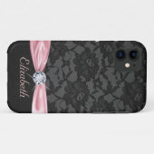 Elegant Black Lace Pink Satin Ribbon en Diamond Case-Mate iPhone Case (Achterkant (horizontaal))