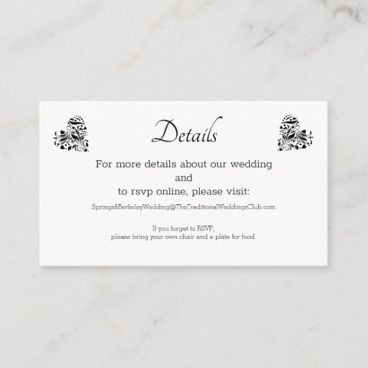 Elegant Black Lace Wedding Details Enclosure Card Informatiekaartje (Voorkant)