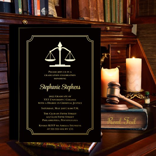 Elegant Black Law Attorney Graduparty Folie Uitnodiging