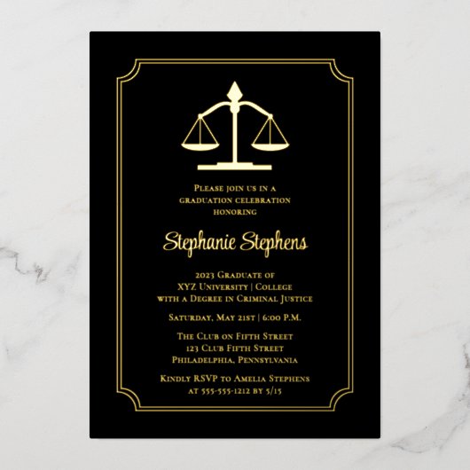 Elegant Black Law Attorney Graduparty Folie Uitnodiging (Voorkant)