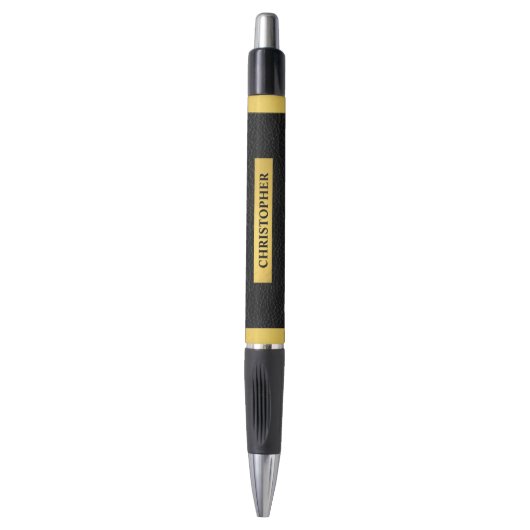 Elegant Black Leather Gold Foil Look Monogram Name Pen (Voorkant Verticaal)