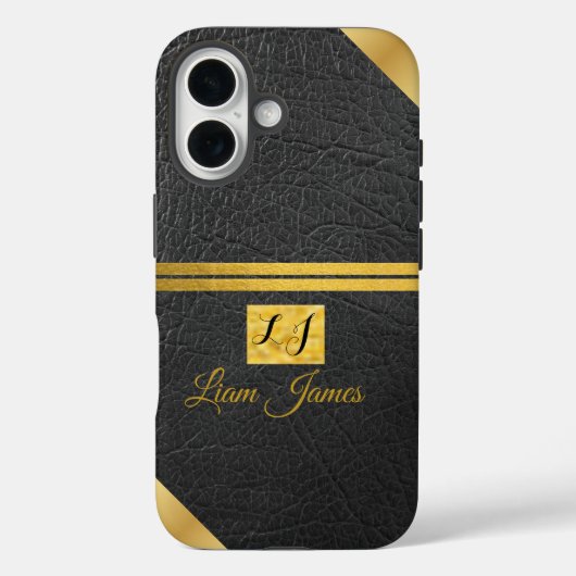 Elegant black leather gold monogram custom name Case-Mate iPhone case (Achterkant)
