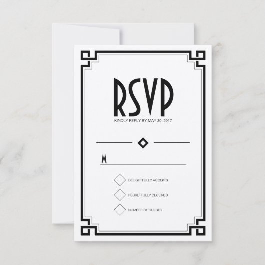 Elegant Black Lijst Art Deco Wedding RSVP Kaart (Voorkant)