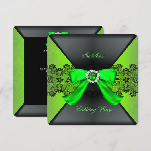 Elegant Black Lime Green Pearl Bow Birthday Party Kaart (Voorkant / Achterkant)