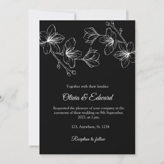 Elegant Black Line Art Floral Wedding Invitation Kaart (Voorkant)