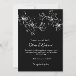 Elegant Black Line Art Floral Wedding Invitation Kaart