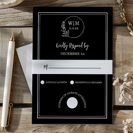 Elegant Black Line Drawing Monogram Wedding RSVP Kaartje