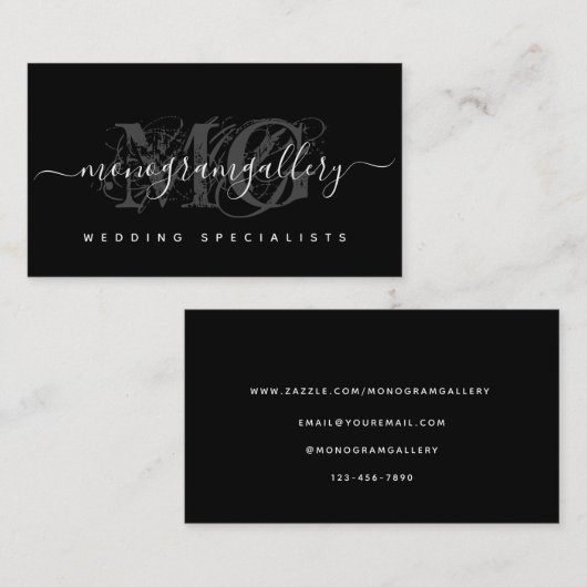 Elegant Black Luxe Glam Script Monogram Visitekaartje (Voorkant / Achterkant)