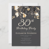 Elegant Black Magnolia Floral 30th Birthday Party  Kaart (Voorkant)