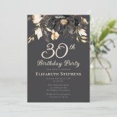 Elegant Black Magnolia Floral 30th Birthday Party  Kaart (Staand voorkant)