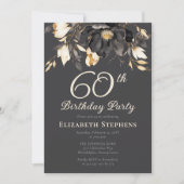 Elegant Black Magnolia Floral 60th Birthday Party  Kaart (Voorkant)