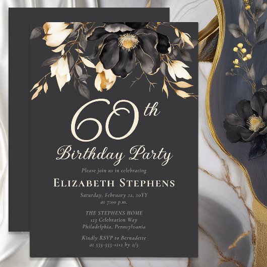 Elegant Black Magnolia Floral 60th Birthday Party  Kaart