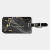 Elegant Black Marble Agate Monogram Aangepast Bagagelabel (Voorkant horizontaal)