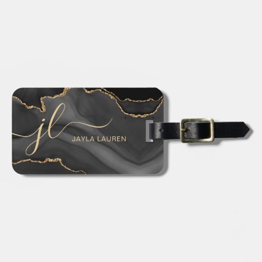 Elegant Black Marble Agate Monogram Aangepast Bagagelabel (Voorkant horizontaal)