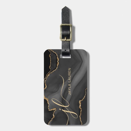 Elegant Black Marble Agate Monogram Aangepast Bagagelabel (Voorkant verticaal)