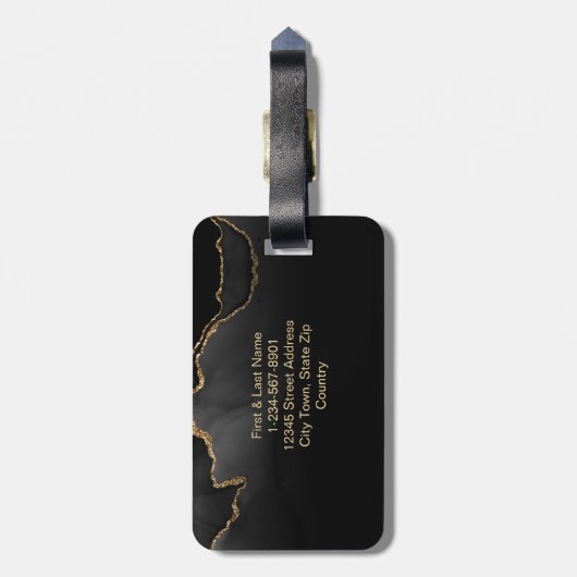 Elegant Black Marble Agate Monogram Aangepast Bagagelabel (Achterkant verticaal)