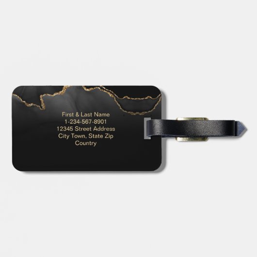 Elegant Black Marble Agate Monogram Aangepast Bagagelabel (Achterkant horizontaal)