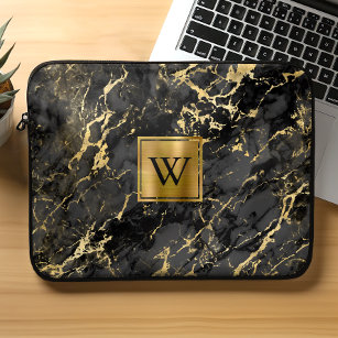 Elegant Black Marble Gold Brushed Metal Monogram Laptop Sleeve