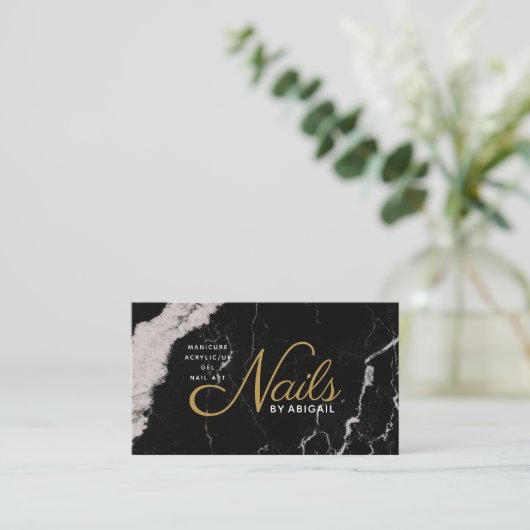 Elegant Black Marble Gold Nails op "Name" Visitekaartje (Staand voorkant)