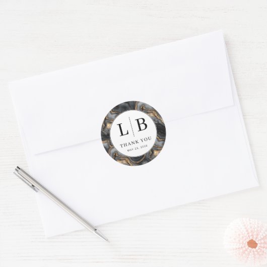 Elegant Black Marble Initials Ronde Sticker (Envelop)