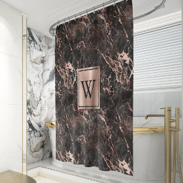 Elegant Black Marble Roos Gold Monogram Douchegordijn