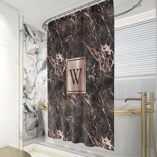 Elegant Black Marble Roos Gold Monogram Douchegordijn