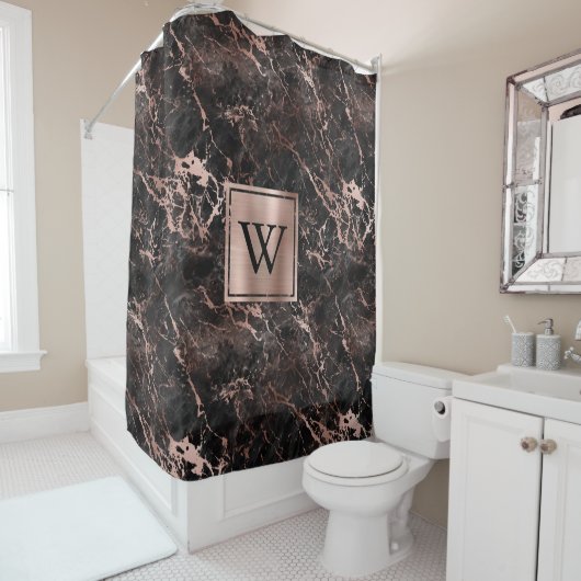 Elegant Black Marble Roos Gold Monogram Douchegordijn (In situ)