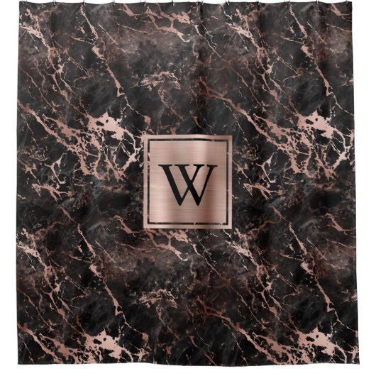 Elegant Black Marble Roos Gold Monogram Douchegordijn (Voorkant)