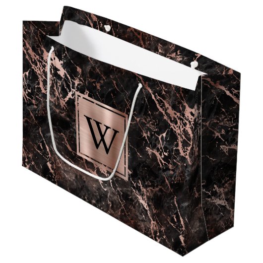 Elegant Black Marble Roos Gold Monogram Groot Cadeauzakje (Voorkant Gekanteld)