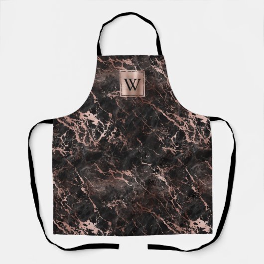 Elegant Black Marble Roos Gold Monogram Schort (Voorkant)