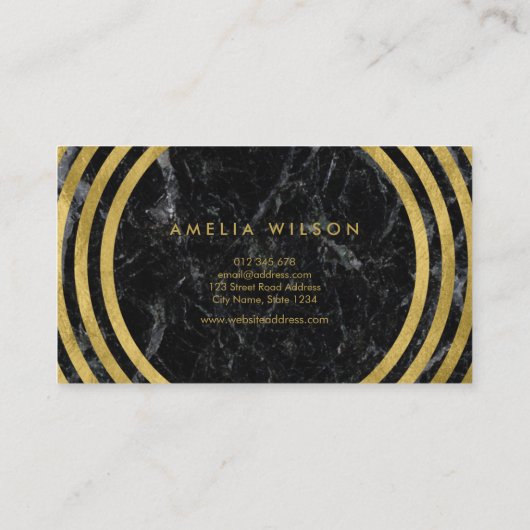 Elegant Black Marmer Faux Gold Round Lines Visitekaartje (Achterkant)