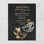 Elegant Black Masquerade, Masque 18th Birthday Uitnodiging Briefkaart<br><div class="desc">Elegant masque op zwarte achtergrond.</div>