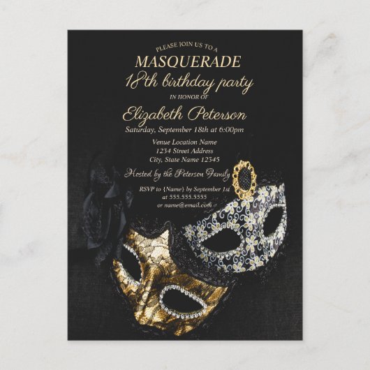 Elegant Black Masquerade, Masque 18th Birthday Uitnodiging Briefkaart (Voorkant)