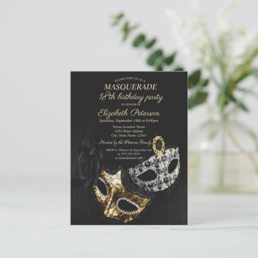 Elegant Black Masquerade, Masque 18th Birthday Uitnodiging Briefkaart (Staand voorkant)