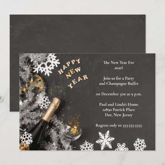Elegant Black Matted New Years Eve Party Kaart (Voorkant / Achterkant)