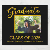 Elegant Black met Gold Glitter Afstuderen Foto Sparkling Wijnetiket (Enkel label)