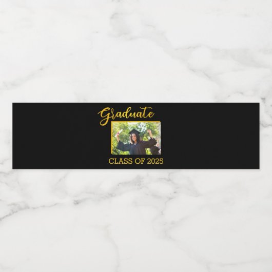 Elegant Black met Gold Glitter Afstuderen Foto Waterfles Etiket (Enkel label)