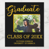 Elegant Black met Gold Glitter Afstuderen Foto Wijn Etiket (Enkel label)