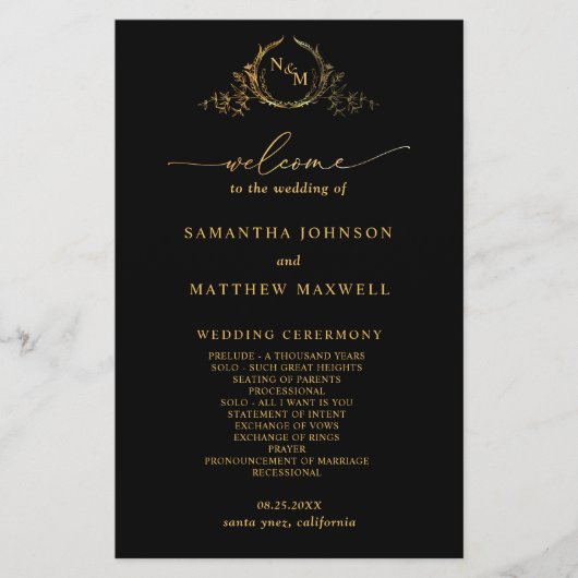 Elegant Black met Gold Monogram Wedding Program (Voorkant)