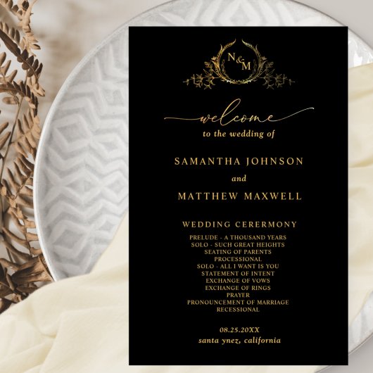 Elegant Black met Gold Monogram Wedding Program
