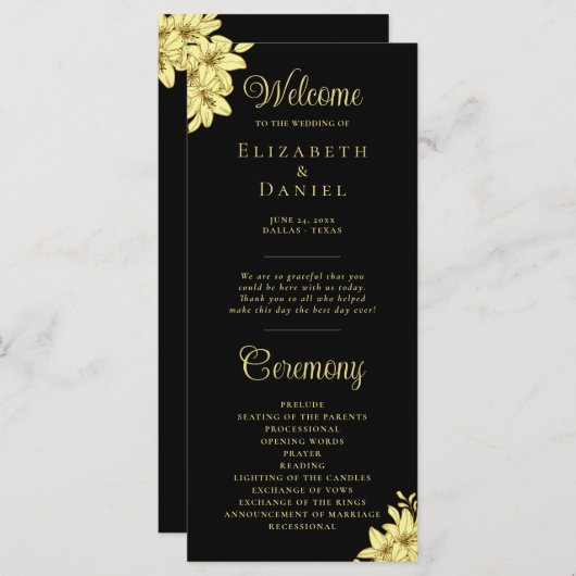 Elegant Black met Gold Typography Wedding Programmakaart (Voorkant / Achterkant)